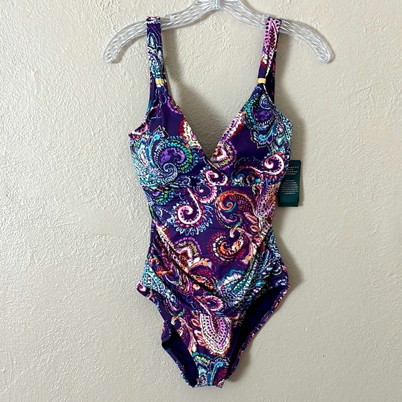 Lauren Ralph Lauren EGGPLANT Captiva Paisley Underwire One-Piece Swimsuit, US 10 - Picture 1 of 10